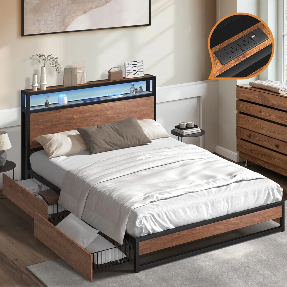 Oikiture Metal Bed Frame Queen Double King Size with LED Headboard Charging Port