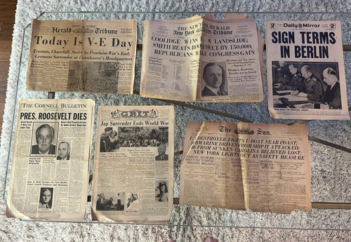Original WWII US Newspapers V-E Day, Jap Surrender, Roosevelt Dies, Herald Trib…