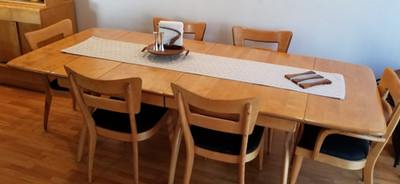 HEYWOOD WAKEFIELD 1950's Dining Room 4 Wishbone 2 Captain Chairs 2 LEAVES /PAD