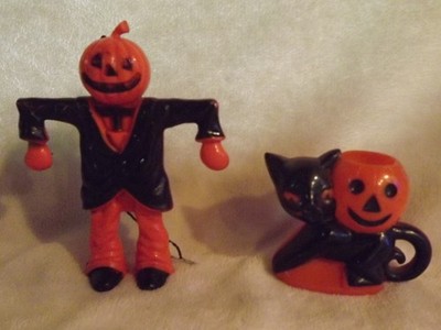 Vintage 1950's Rosbro Rosen Plastic Cat with Pumpkin Jumping Jack LanternO