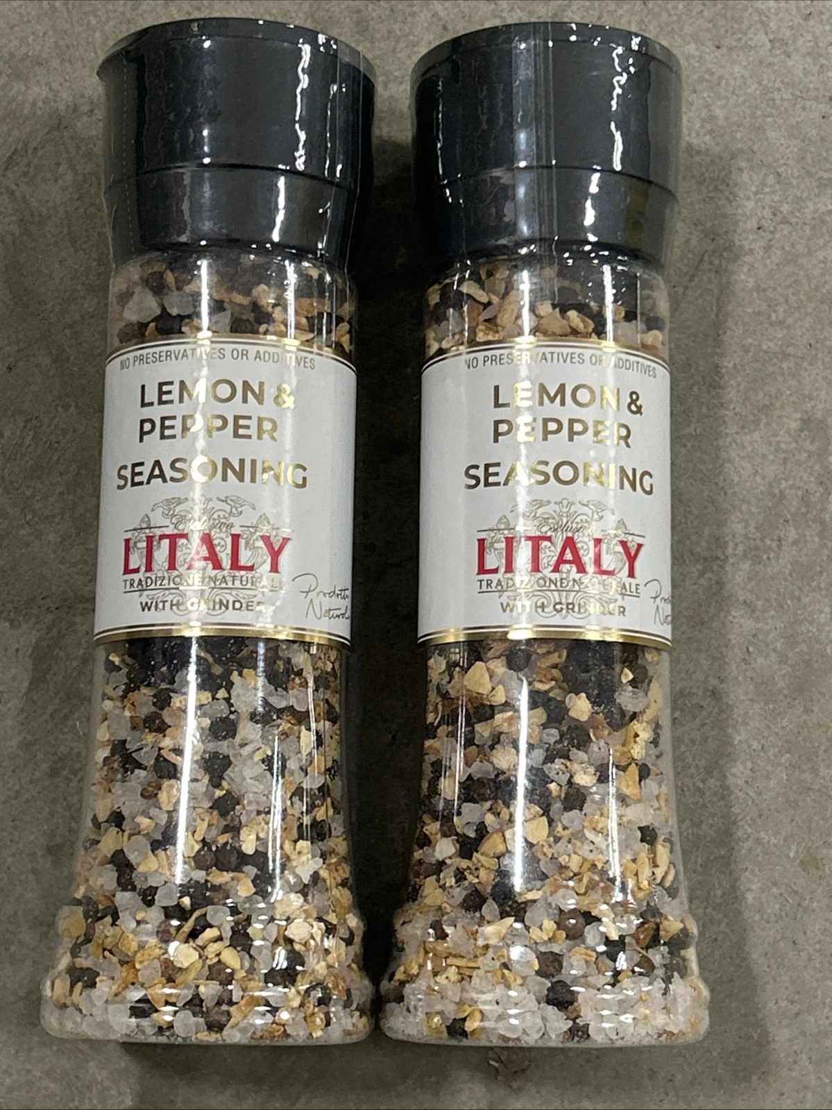 Set Of 2 Lemon Pepper Sea Salt With Grinder By Litaly 14.1 Oz Each Course 2 Pack