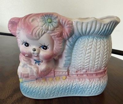 Vintage  BABY GIRL Floral Planter Bear In Shoe ABC Taiwan