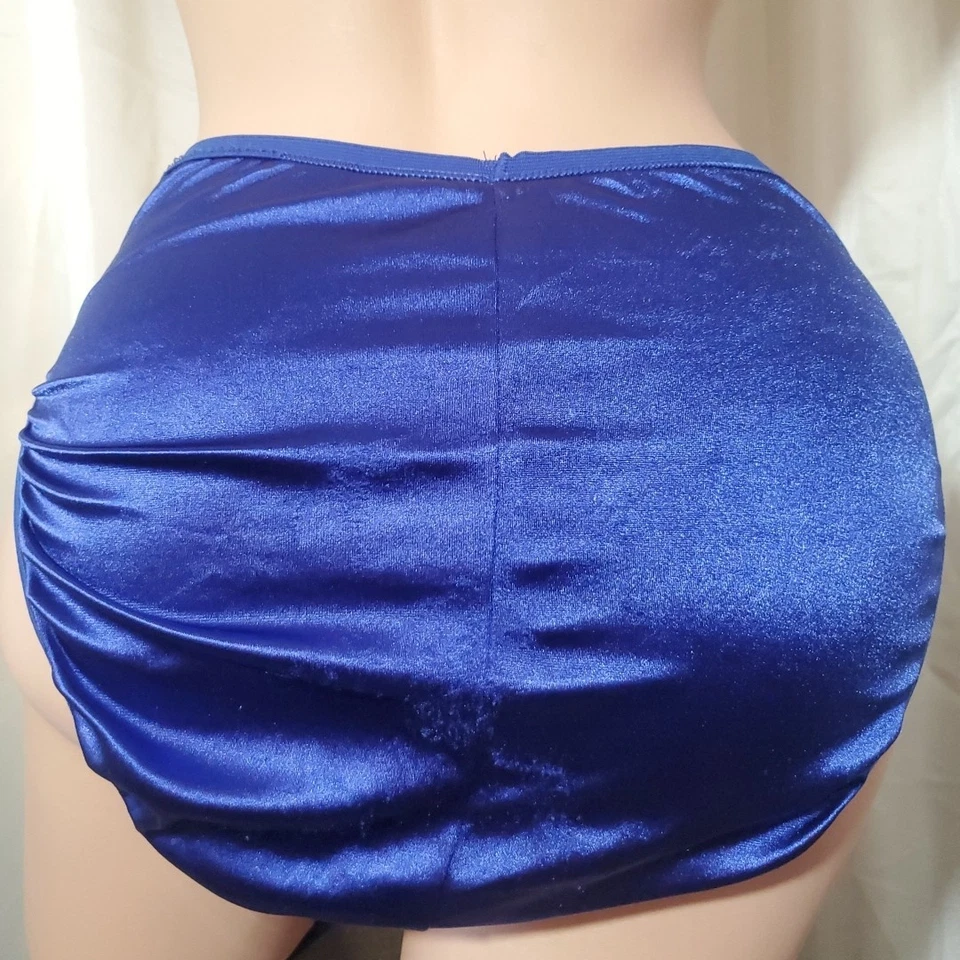 Vintage LILYETTE Hi Waist Bikini Brief Panty SHINY BLUE SATIN & LACE Lingerie XL - Image 4 of 4