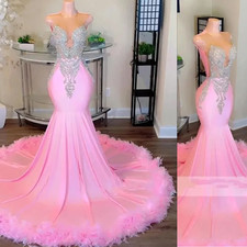 Gorgeous Pink Feathers Mermaid Prom Dresses Sliver Crystal Beaded Evening Gowns