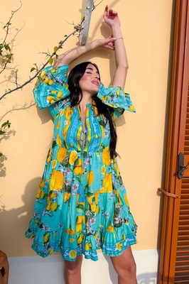 #ad Antica Sartoria 2026 Aqua amp; Lemon🍋 Tie Front Dress NWT O S $54.99