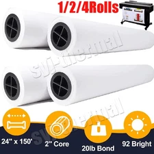 1/2/4 rolls 24" x 150' 20lb Bond Plotter Paper for Wide Format Inkjet Printers 