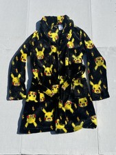 Pok mon Pikachu yellow black tie front soft Plush Kids Bathrobe Boys Size 10/12