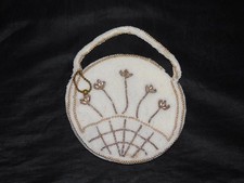 Vtg White Gold Hand Beaded Round Clutch Purse Mini Formal Bag Top Handle Belgium