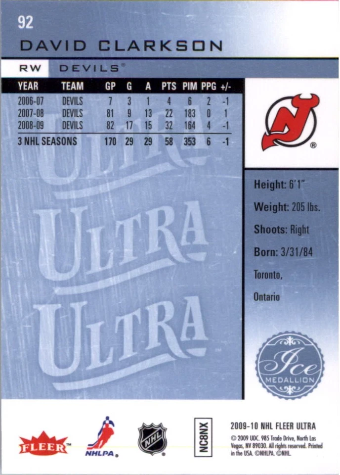 2009-10 Ultra Ice Medallion #92 David Clarkson /100 - HKY - Image 2 of 2