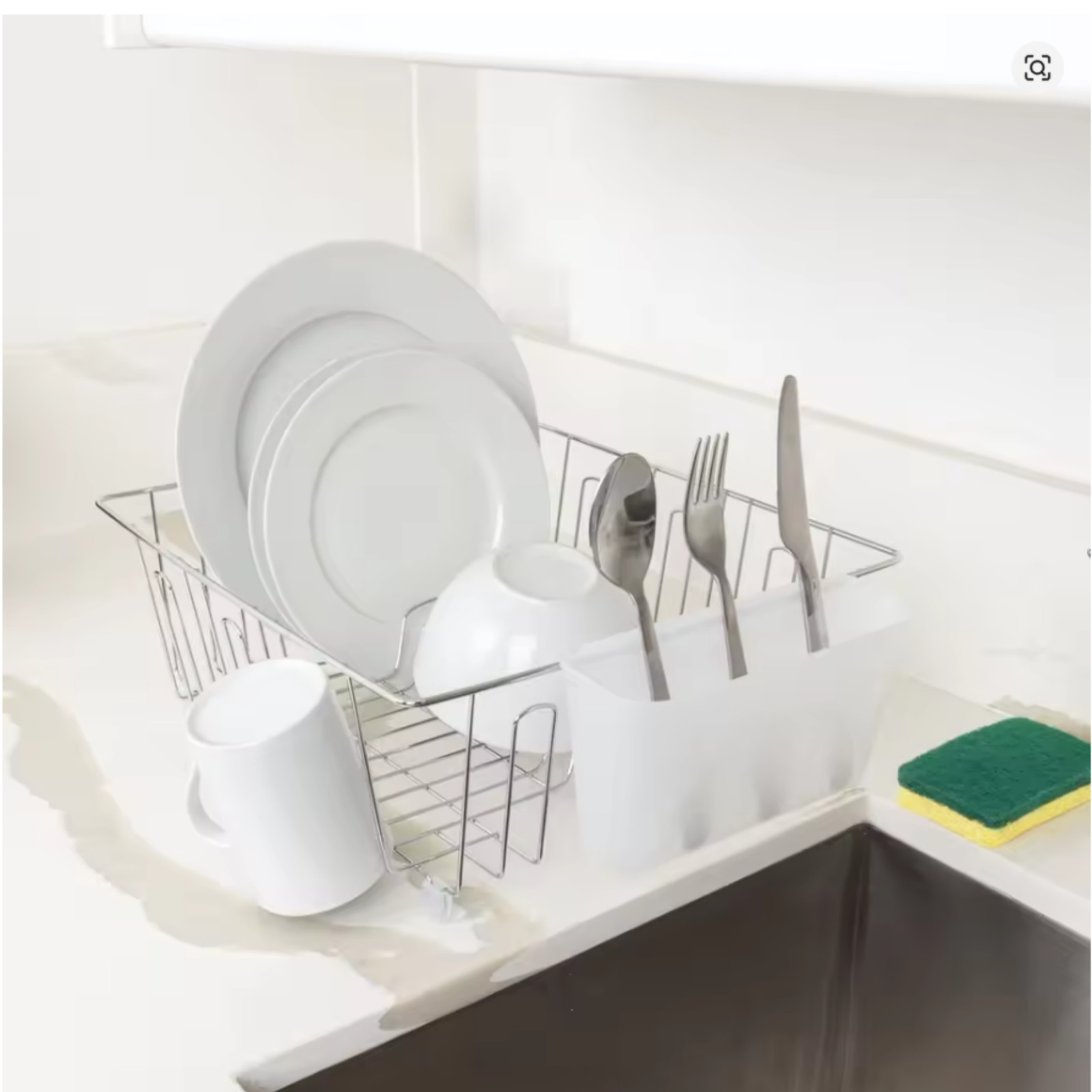 Kitchen Dish Drying Rack Stainless Steel Compact Drainer with Cutlery Cup Organi