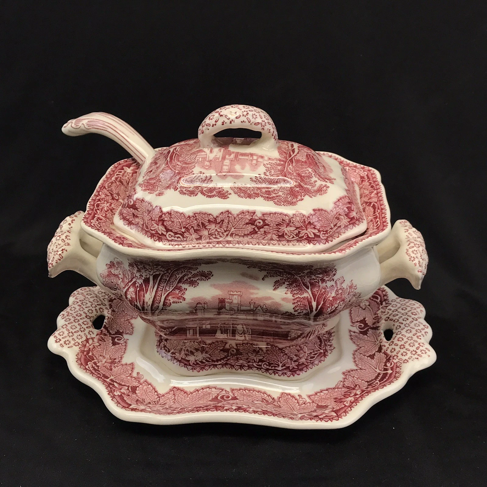 Mason's Vista Pink Small Soup Sauce Tureen w/ Lid, Ladel, & Underplate