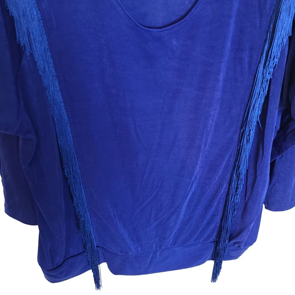 Blusa Top Slinky Brand Para Mujer 2X Azul Borde con Flecos Mangas Largas Cuello Redondo Foto 3 de 4