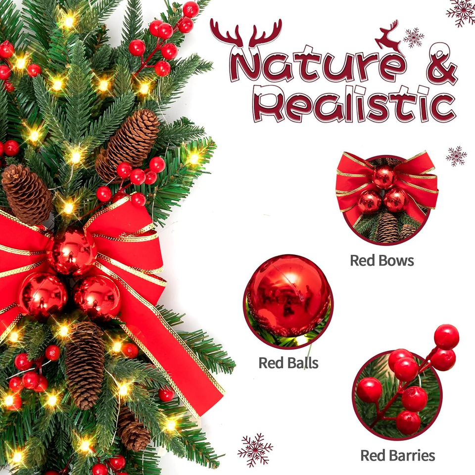 2Pcs Prelit Christmas Stairs Swag,Christmas Garland,The Cordless Prelit