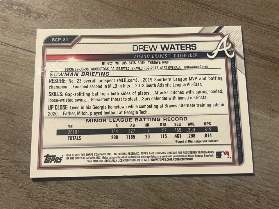 DREW WATERS 2021 BOWMAN CHROME GREEN SAPPHIRE ROOKIE RC /125 ROYALS #BCP-81 - Image 2 of 2