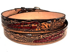 Railroad  Steam Trains Belt 1 1/2"wide,Genuine Leather, US Seller. H.tooled