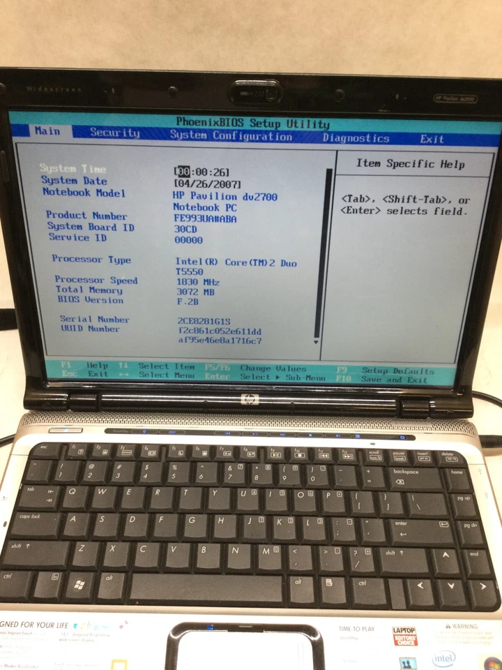 HP Pavilion DV2700 14.1" Notebook Core 2 Duo 1.83GHz 3GB RAM NO HDD NO OS -- DW- - Image 2 of 4