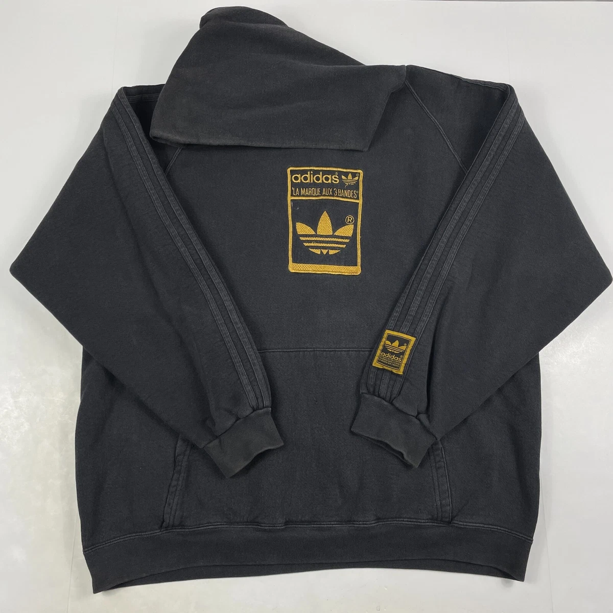 VINTAGE Adidas Hoodie Men Large Gray Pullover Embroidered Spellout Faded 90s USA
