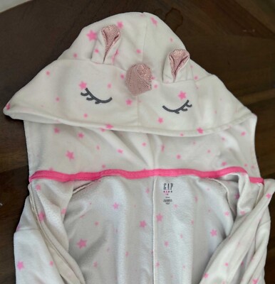 GAP KIDS Girls PJ One Piece Size 10 Star Print Unicorn Hood Fleece Sleeper EUC