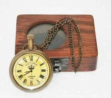 Vintage Antique Maritime Victoria London 1915 Brass Pocket Watch with Wooden Box