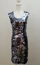 CHETTA B SIZE 8 GRAY PAILLET SEQUINS STRETCHY BODYCON SHEATH DRESS PARTY 