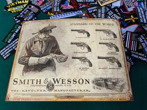Smith and Wesson Revolver Manufacturer Tin Metal Sign Rifle Gun W/ FREE PATCH!