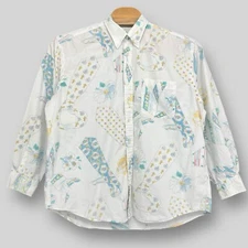 Nautica Vintage Shirt Mens XL White Whimsical Neck Tie Art Long Sleeve Button Up