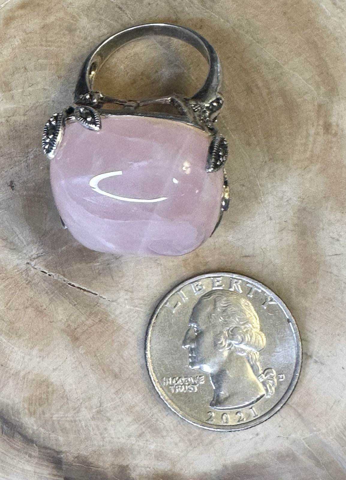 Large Statement Square Rose Quartz Marcasite 925 … - image 6