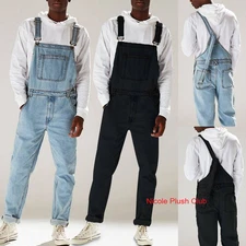 Men Distressed Denim Dungaree Overalls Jeans Trousers Bib Long Pants Jumpsuit