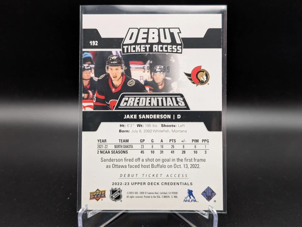 2022-23 Upper Deck Credentials JAKE SANDERSON #192 Rookie DTA RC /599 - Image 2 of 2