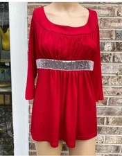2010 AB Studio Red Ruched Silver Sequined Scoop Neck Babydoll Blouse Top