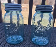 2 Blue Ball Perfect Mason Quart Canning Jars w/Zinc Lid -Aqua Glass