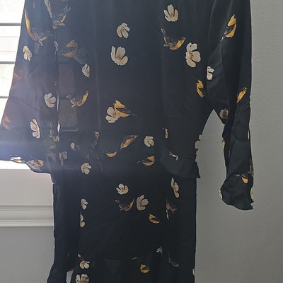 ZARA BASIC Black Floral A-Line Short Dress Ruffle 3/4 Sleeve Zip Size M