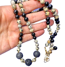 Dalmatian Jasper Black Quartz Lava Rock Necklace Beaded Stunning Gold Tone 24-26