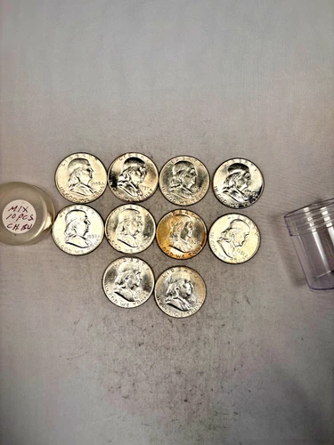 10 MIXED DATES FRANKLIN HALF CH. BRILLIANT UNC. 90% SILVER BU COINS 1/2 $5 ROLL