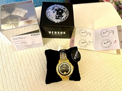 Versus Versace Women's Quartz 30mm Gold Bracelet Black Dial Gem Bezel Box