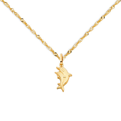 14K Gelbgold 0,9mm Singapur Kette mit gelbem Delfin Anhänger