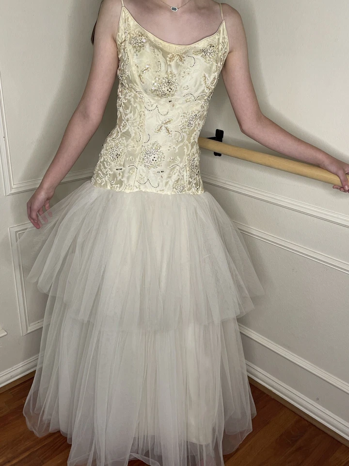 Винтажный 60-х современный Couture мяч платье S слоновой кости со стразами бисером тюль принцесса - Изображение 4 из 4