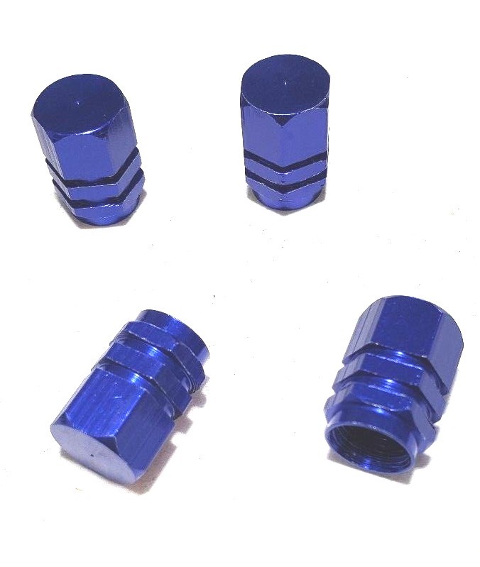 4 Blue Anodized Aluminum Hexagonal Tire Valve Stem Caps - Speed Daddy