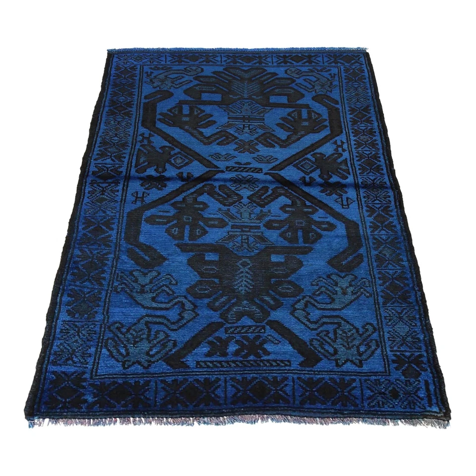 Tribal Overdye Rug Handmade Oriental Blue Carpet Area Wool Rug 2'11x4'2ft R22766 - Image 2 of 4