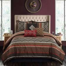 Red Brown Black Striped Medallion Motif 7 pc Comforter Set Queen Cal King Bed
