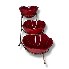 Princess House Pavillion Berry Nesting Serving Bowls and Holder Oven Safe Red