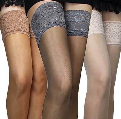 Plus Size halterlose Damen lange Strümpfe leicht glänzend mit Spitze transparent