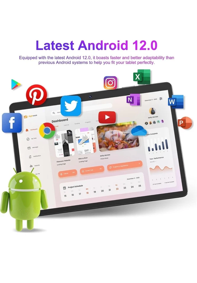 SGIN Android 12 Tablette, Tablette Tactile 10,1 Pouces 64Go+2Go(TF 512Go) - Photo 2/4