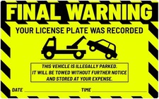 50 Parking Violation Notice Parking Violation Stickers Tow for Car -Yellow