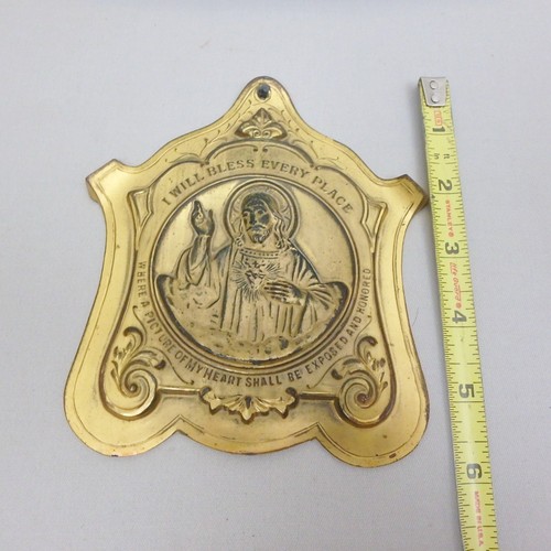 1925 6" Sacred Heart Wall Plaque, Brass Finish Spelter