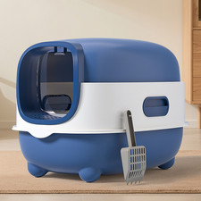 Large Fully Enclosed Stainless Steel Cat Litter Box Hooded Easy Clean Odor Blue