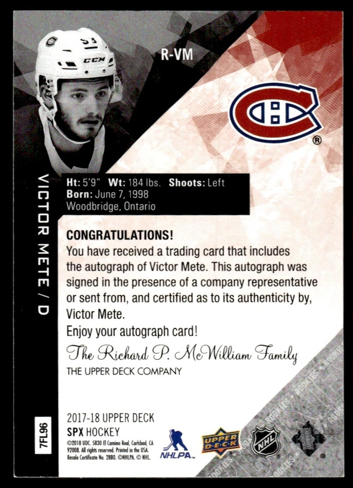 2017-18 SPx Rookies Autographs Victor Mete Auto Montreal Canadiens #R-VM - Image 2 of 2