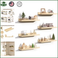 Set of 6 Floating Wall Shelves for Home Decor and Storage in Natural Wood Finish