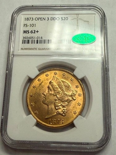 1873 Open 3 DDO FS-101 $20 GOLD Liberty double eagle. NGC MS62+ with CAC. #em2d