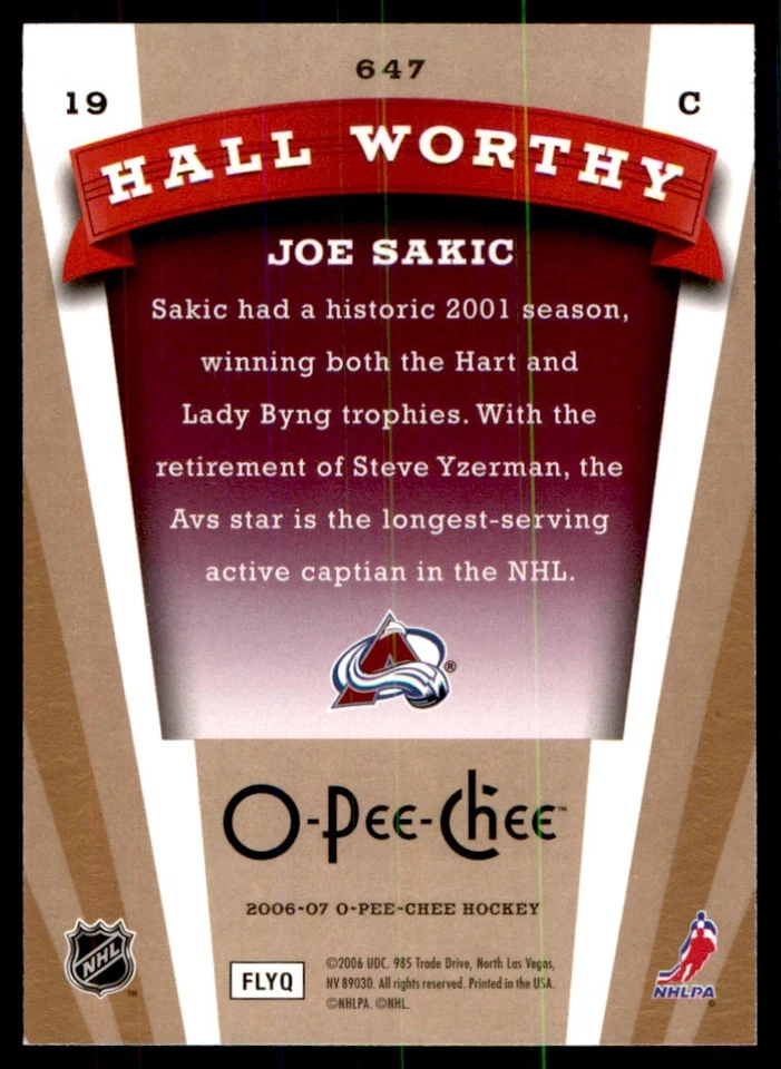 2006-07 O-Pee-Chee Joe Sakic Colorado Avalanche #647 - Image 2 of 2